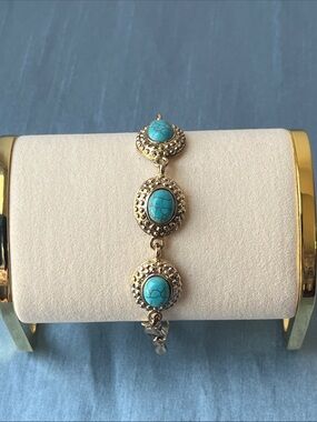 Vintage Gold-Tone Link Bracelet with Ornate Sky Blue Cabochons